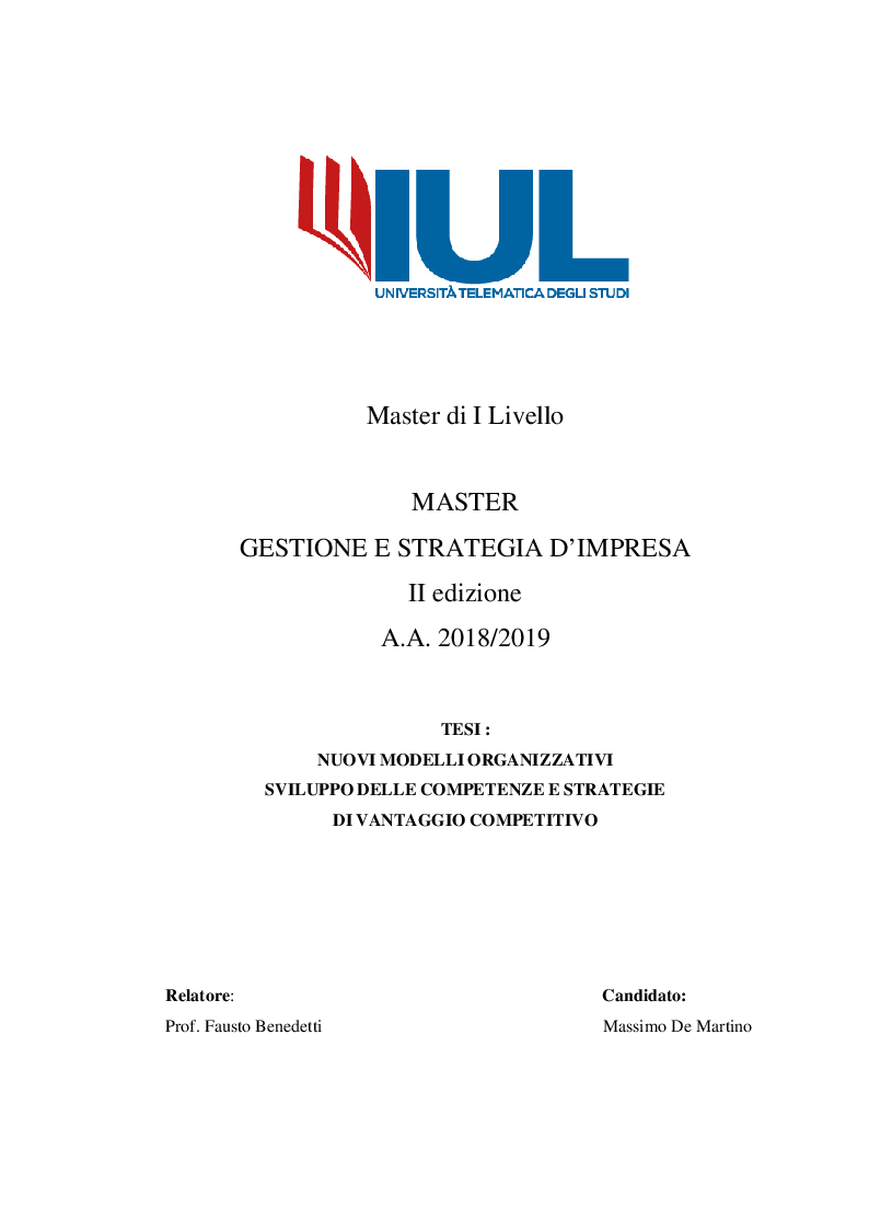 Anteprima della tesi: Nuovi Modelli Organizzativi. Sviluppo delle Competenze e strategie di Vantaggio Competitivo, Pagina 1