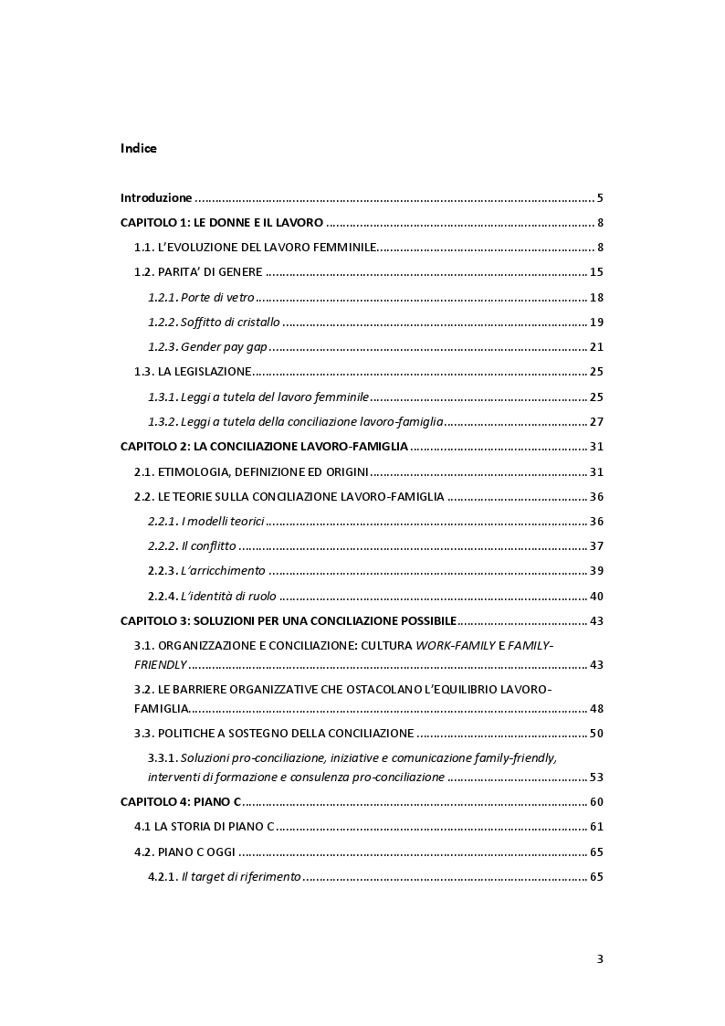 Indice della tesi: La conciliazione lavoro-famiglia: l'esperienza di Piano C attraverso il progetto MOM, Pagina 1