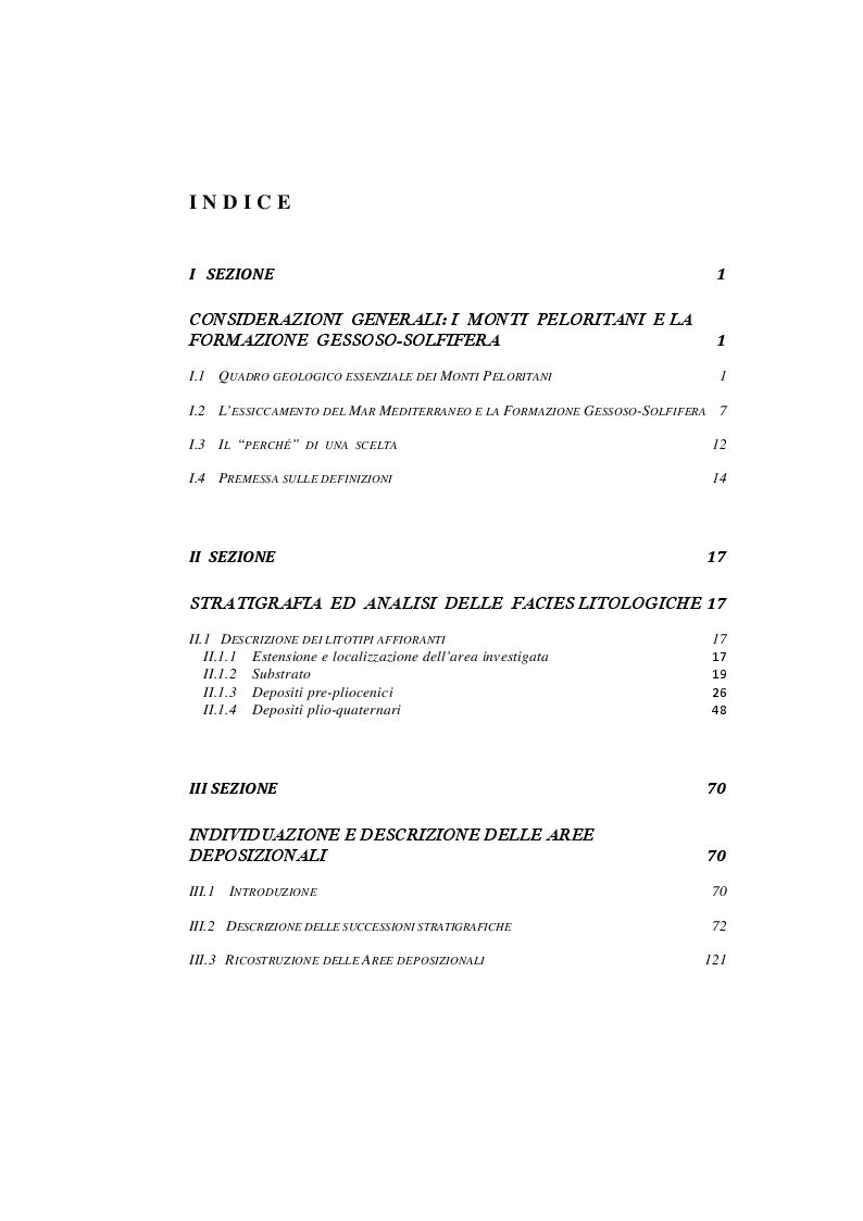Indice della tesi: Nuovi dati geologici e stratigrafici sulla Serie Gessosa-Solfifera nei Peloritani Nord-Occidentali, Pagina 1