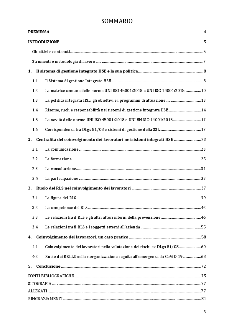 Indice della tesi: Coinvolgimento dei lavoratori nei sistemi di gestione integrata HSE: il ruolo del RLS, Pagina 1