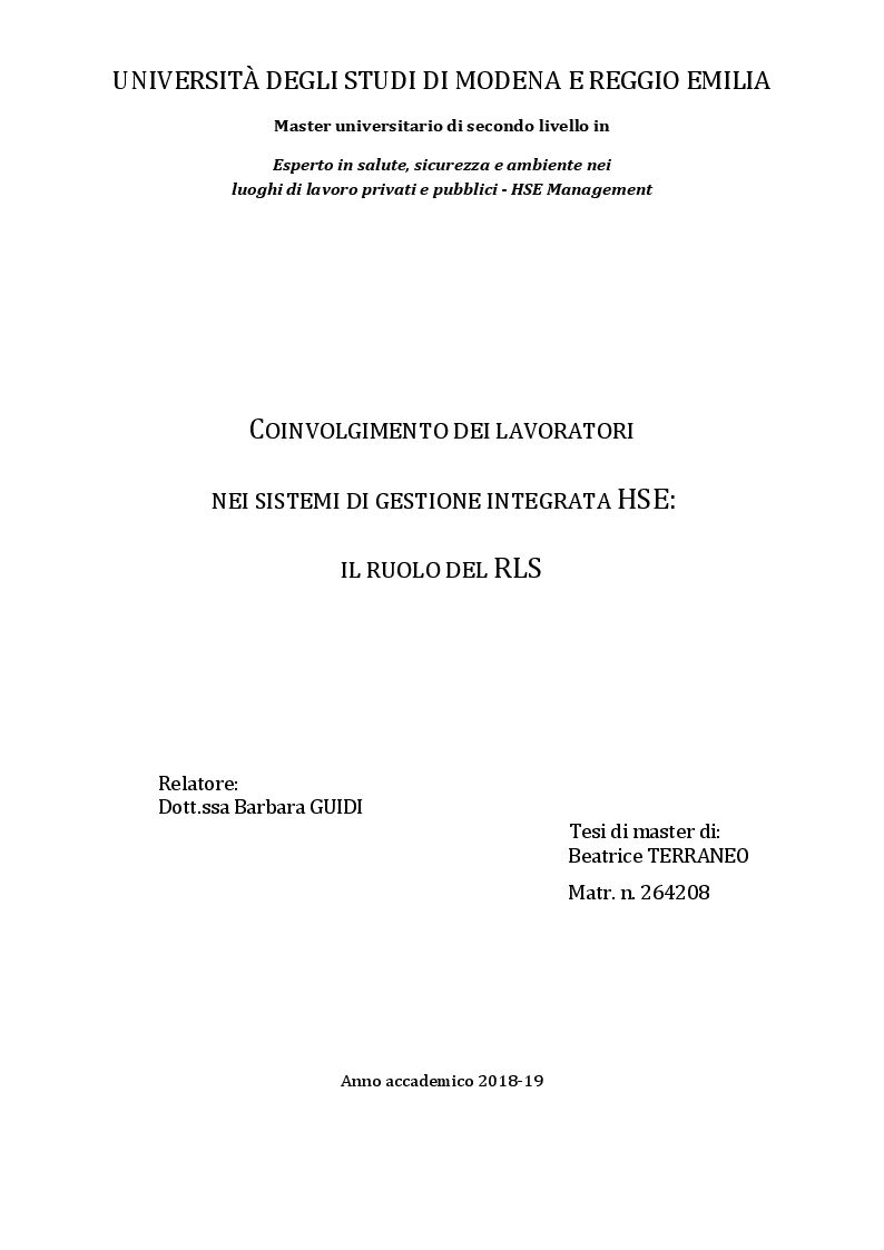Anteprima della tesi: Coinvolgimento dei lavoratori nei sistemi di gestione integrata HSE: il ruolo del RLS, Pagina 1