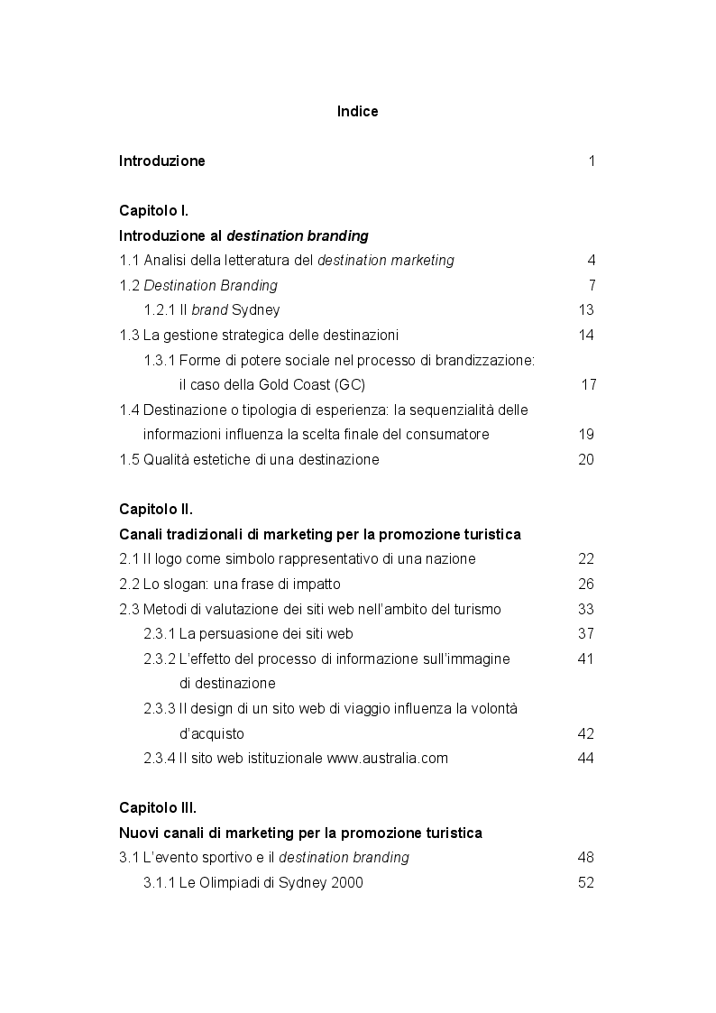 Indice della tesi: Destination branding e il caso australiano, Pagina 1