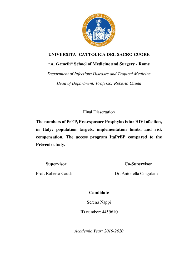 Anteprima della tesi: The numbers of PrEP, pre-exposure prophylaxis for HIV infection, in Italy. Target population, implementation limits, risk compensation. The access program ItaPrEP compared to Prevenir Study., Pagina 1