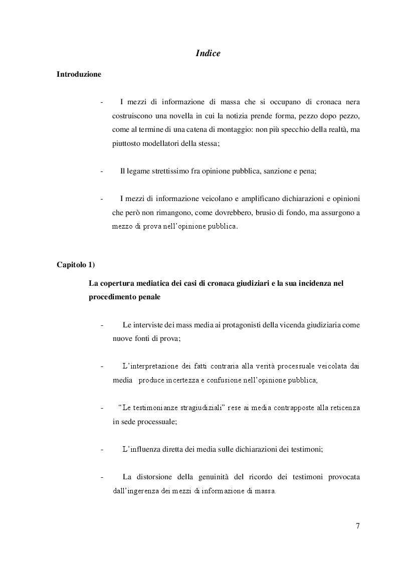 Indice della tesi: L'influenza dei media nel procedimento penale: la verità processuale costruita attraverso il racconto dei mezzi di informazione - il paradigma del caso di Avetrana, Pagina 1