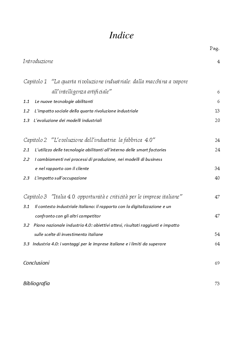 Indice della tesi: Industria 4.0: l’impatto delle nuove tecnologie all’interno dei sistemi produttivi, Pagina 1