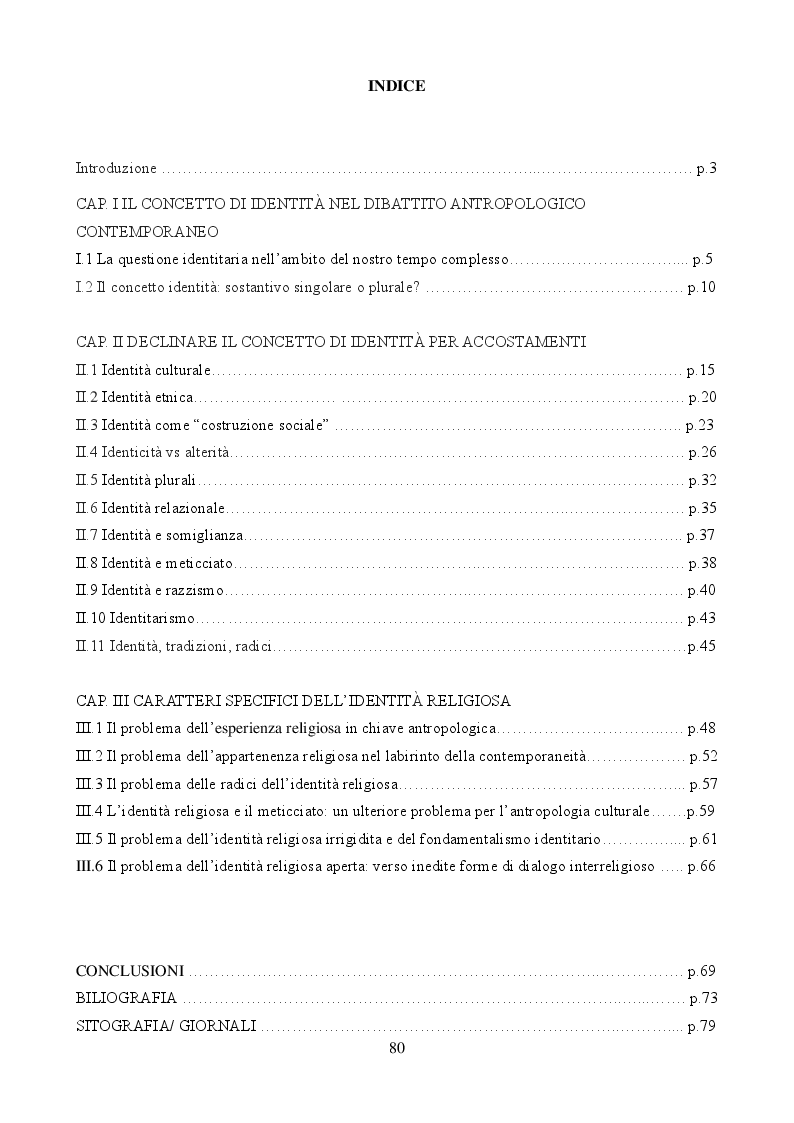 Indice della tesi: QUALE IDENTITÀ CULTURALE E RELIGIOSA? La questione identitaria nel dibattito antropologico contemporaneo, Pagina 1