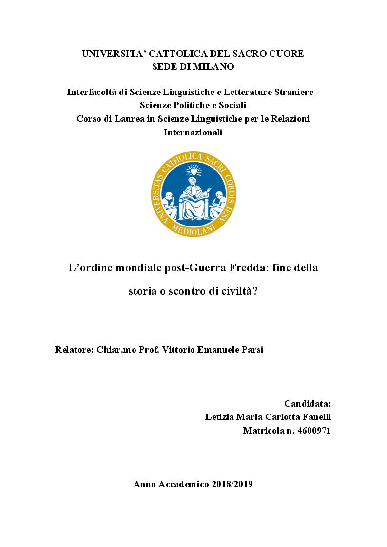 Anteprima della tesi: L'ordine mondiale post-Guerra Fredda: fine della storia o scontro di civiltà?, Pagina 1