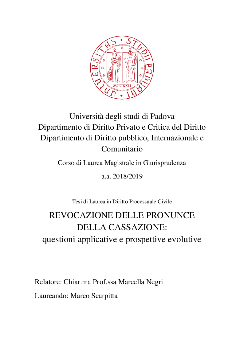 Anteprima della tesi: Revocazione delle pronunce della Cassazione: questioni applicative e prospettive evolutive, Pagina 1