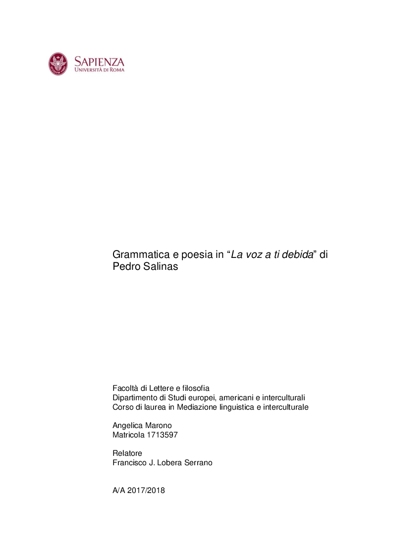 Anteprima della tesi: Grammatica e poesia in “La voz a ti debida” di Pedro Salinas, Pagina 1