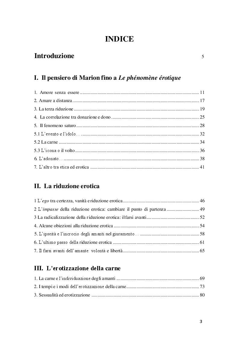 Indice della tesi: Il fenomeno erotico in Jean-Luc Marion. Il farsi avanti degli amanti, Pagina 1