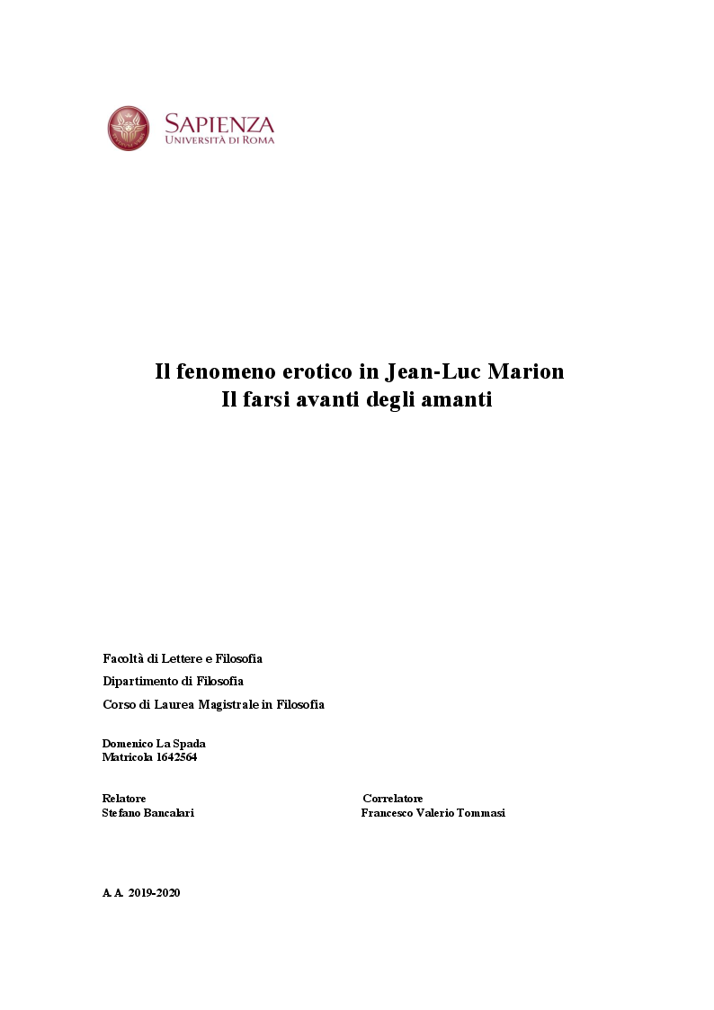 Anteprima della tesi: Il fenomeno erotico in Jean-Luc Marion. Il farsi avanti degli amanti, Pagina 1