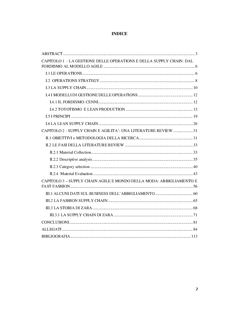 Indice della tesi: La gestione della supply chain nei mercati turbolenti: una systematic review del modello agile, Pagina 1
