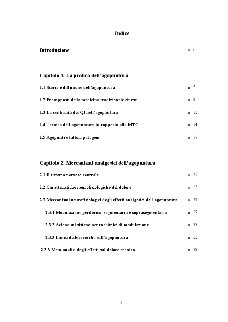 Indice della tesi: Meccanismi Neurofisiologici dell'Agopuntura, Pagina 1