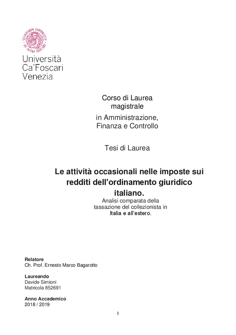 Anteprima della tesi: Le attività occasionali nelle imposte sui redditi dell’ordinamento giuridico italiano. Analisi comparata della tassazione del collezionista in Italia e all’estero., Pagina 1