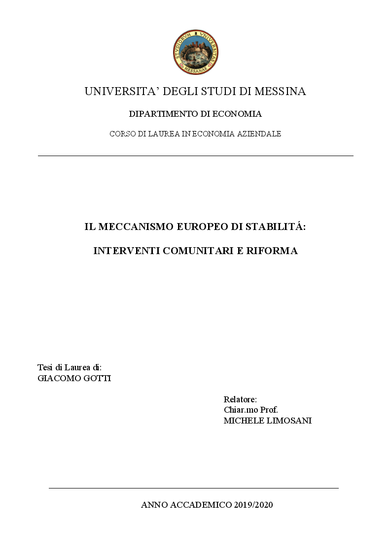 Anteprima della tesi: Il Meccanismo Europeo di Stabilità: interventi comunitari e riforma, Pagina 1