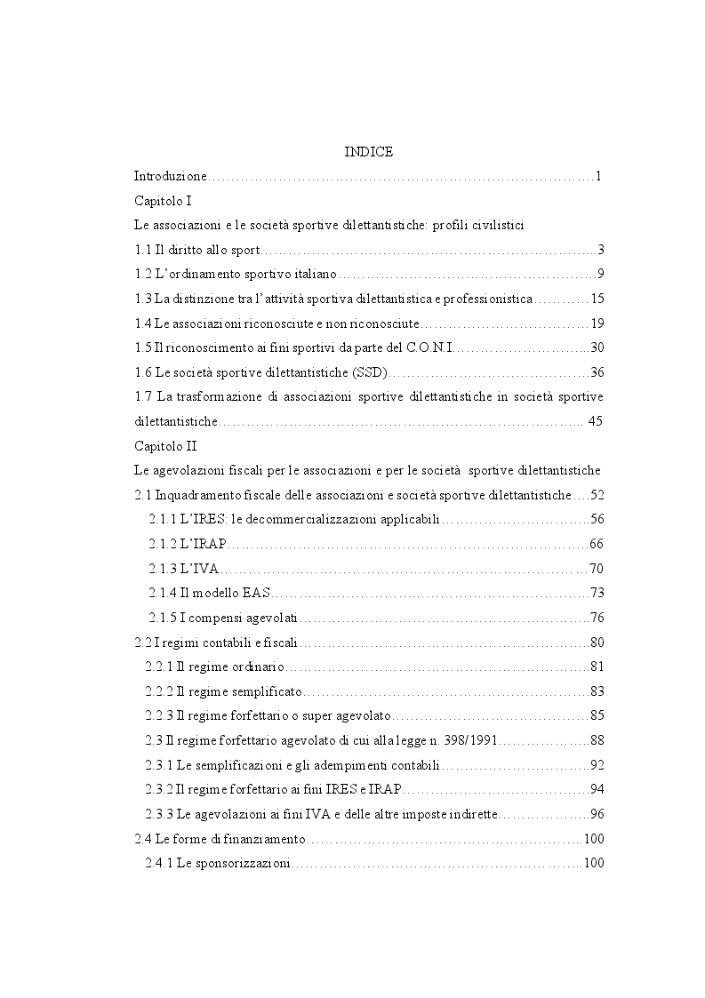 Indice della tesi: Le associazioni e le società sportive dilettantistiche, Pagina 1