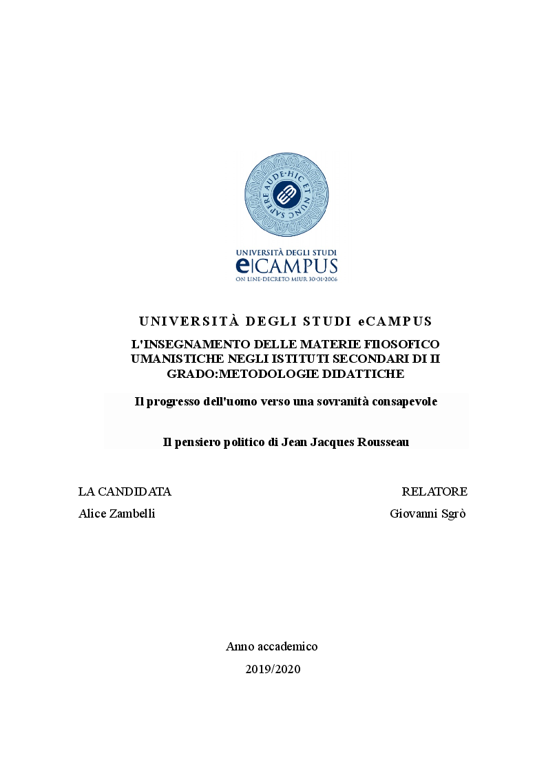 Anteprima della tesi: Il pensiero politico di Jean Jacques Rousseau: il progresso dell'uomo verso una sovranità consapevole, Pagina 1