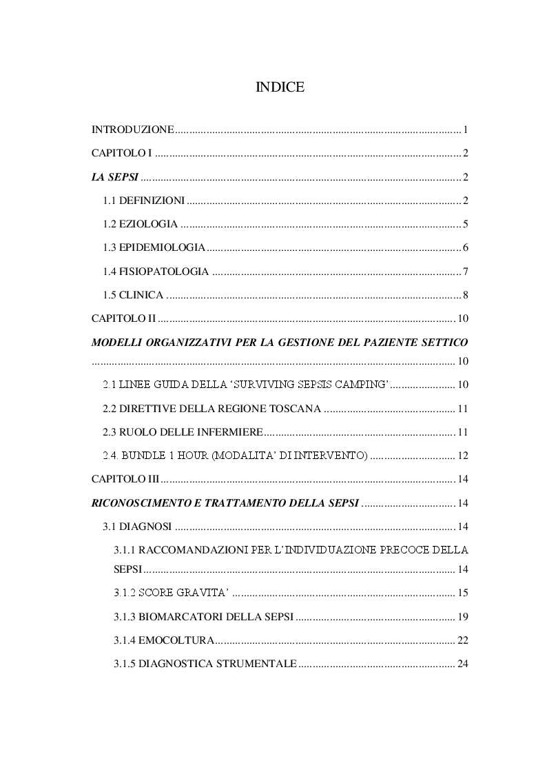 Indice della tesi: Individuazione ed intervento precoce della Sepsi in triage: analisi del protocollo e presa in carico del paziente, Pagina 1