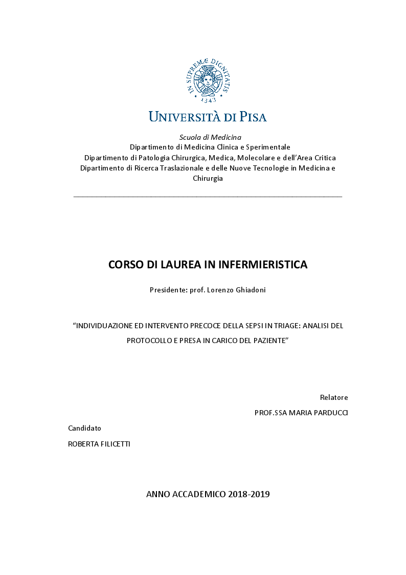Anteprima della tesi: Individuazione ed intervento precoce della Sepsi in triage: analisi del protocollo e presa in carico del paziente, Pagina 1