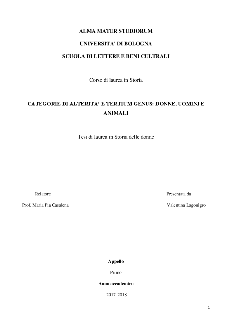 Anteprima della tesi: Categorie di alterità e tertium genus: donne, uomini e animali, Pagina 1