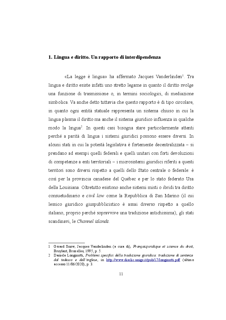Anteprima della tesi: La forma è sostanza. Multilinguismo e problemi di traduzione giuridica da e verso l’inglese, Pagina 7