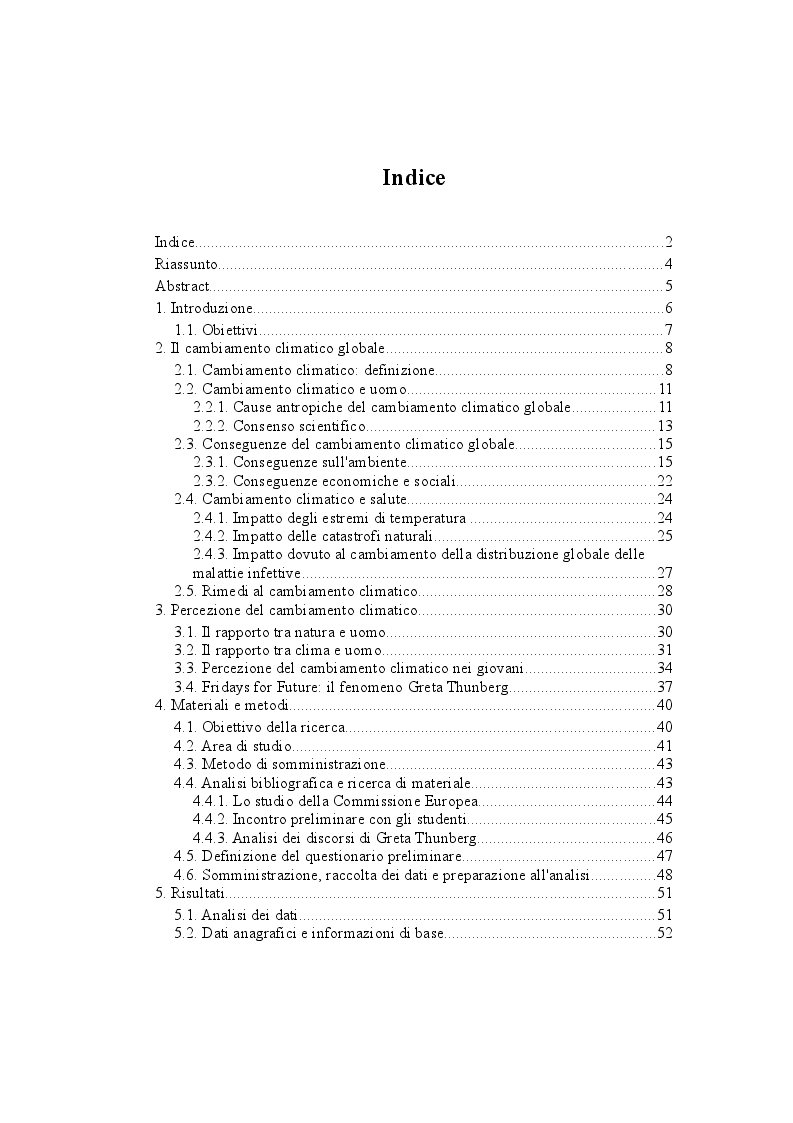 Indice della tesi: Percezione del cambiamento climatico tra i giovani: il fenomeno Greta Thunberg, Pagina 1