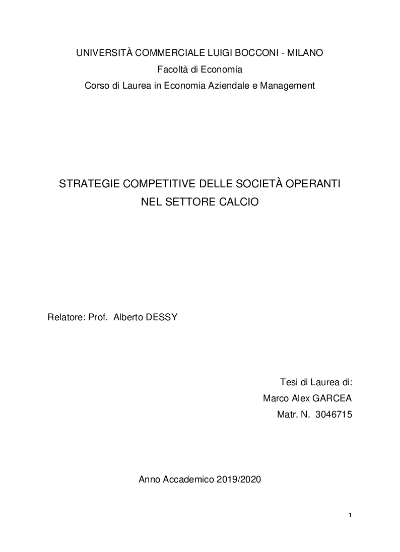 Anteprima della tesi: Strategie Competitive delle società operanti nel settore calcio, Pagina 1