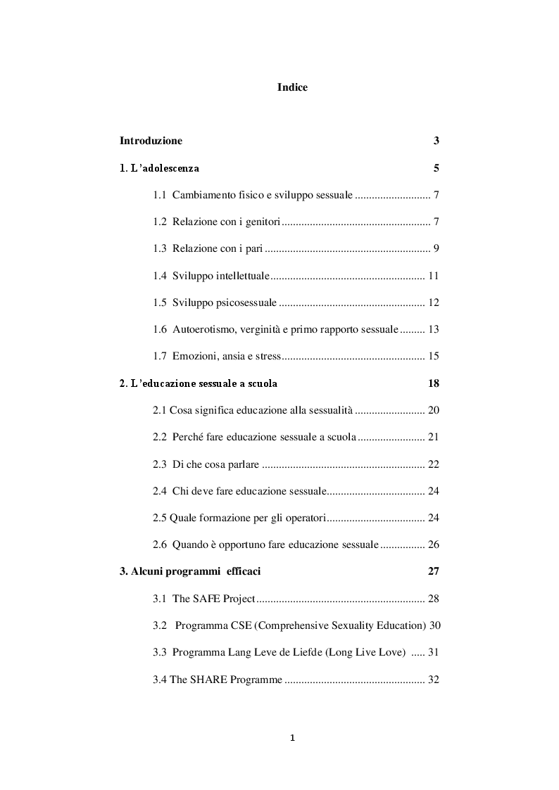 Indice della tesi: L'educazione sessuale a scuola, Pagina 1