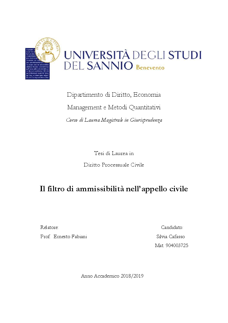 Anteprima della tesi: Il filtro di ammissibilità nell'appello civile, Pagina 1