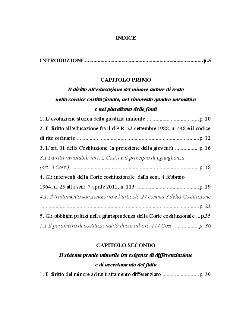 Indice della tesi: Minore autore di reato e processo indiziario, Pagina 1