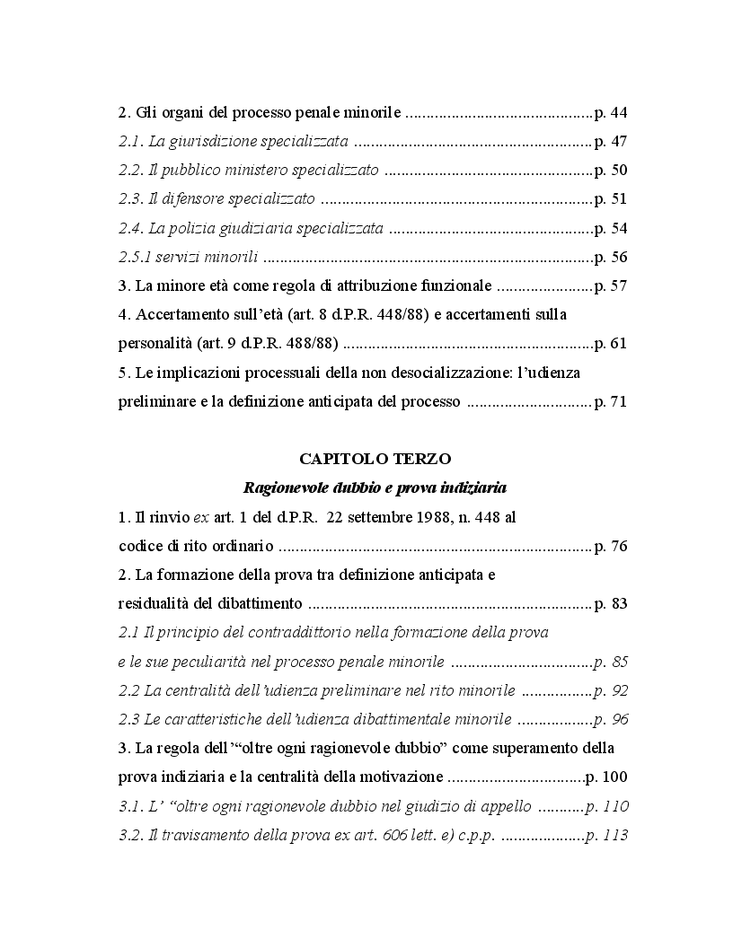 Indice della tesi: Minore autore di reato e processo indiziario, Pagina 2