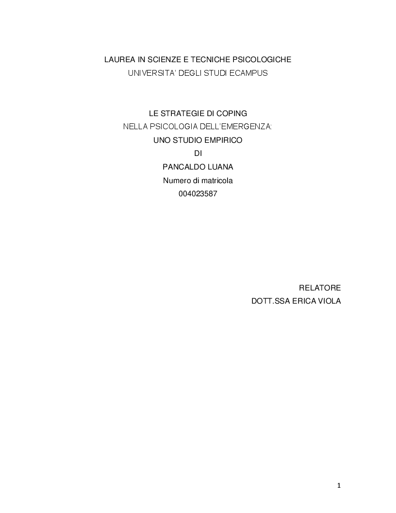 Anteprima della tesi: Le strategie di coping nella psicologia dell'emergenza: uno studio empirico, Pagina 1