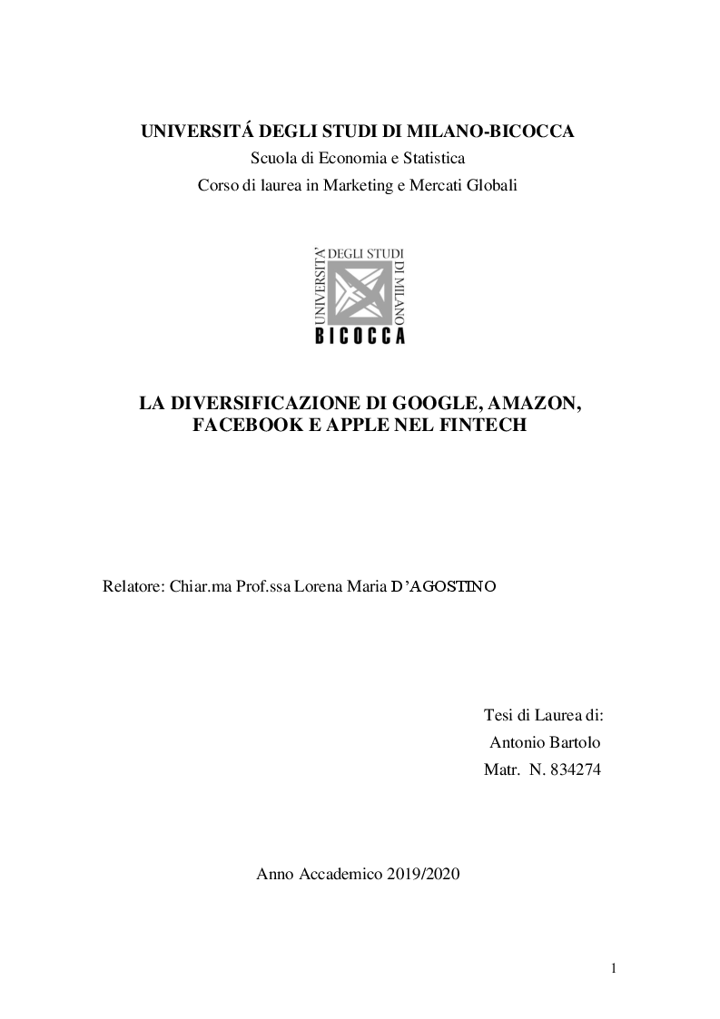 Anteprima della tesi: La Diversificazione di Google, Amazon, Facebook e Apple nel FinTech, Pagina 1