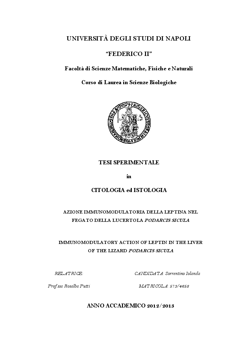Anteprima della tesi: Azione immunomodulatoria della leptina nel fegato della lucertola Podarcis sicula, Pagina 1