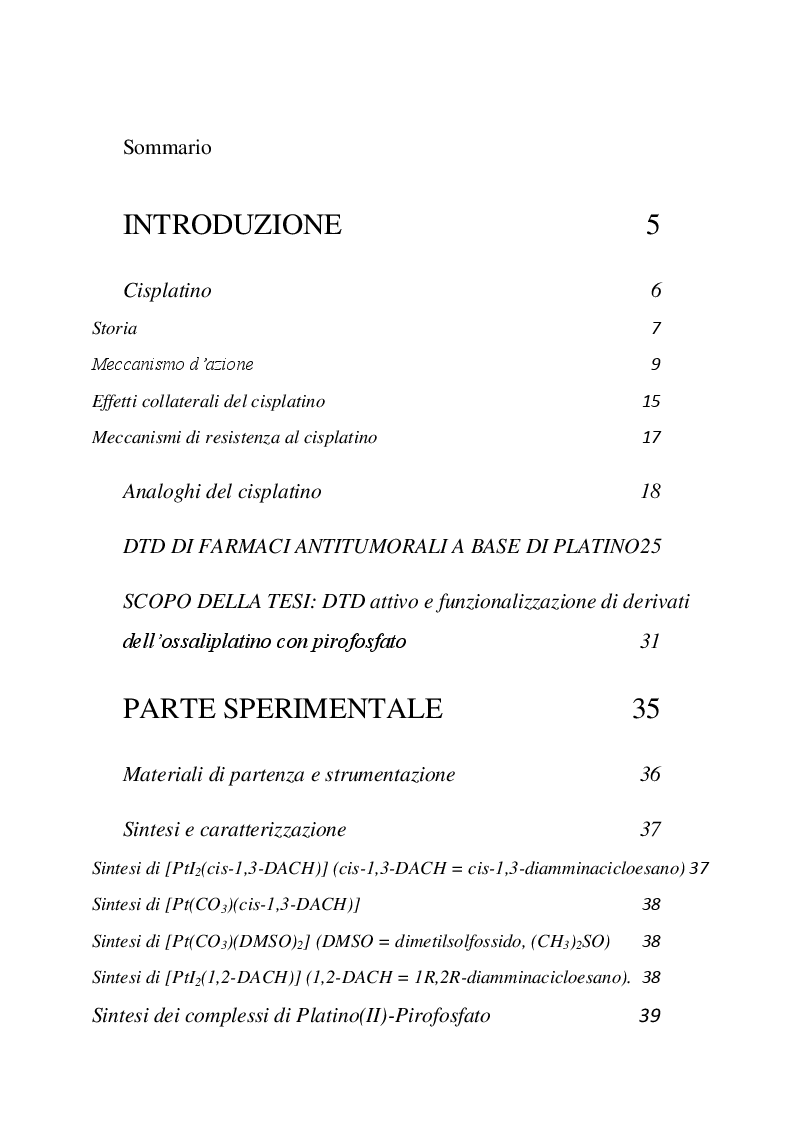Indice della tesi: Derivati dell'ossaliplatino funzionalizzati con pirofosfato con potenziale selettività nei confronti dei tumori ossei, Pagina 1