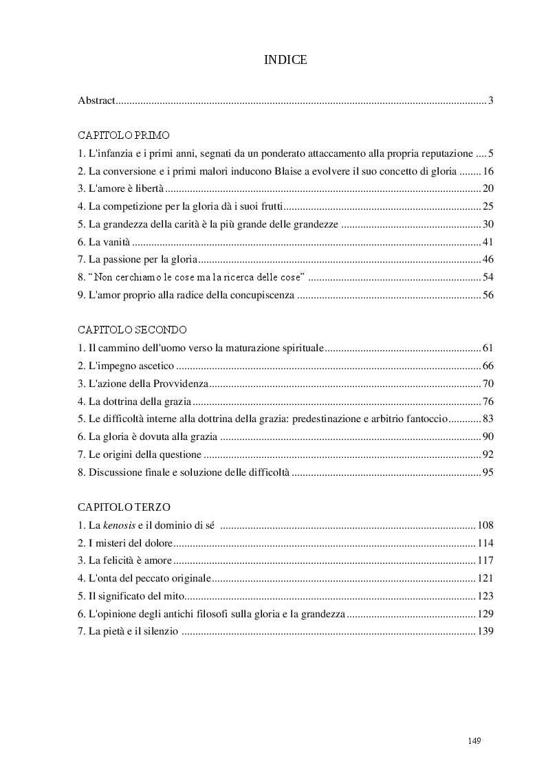 Indice della tesi: Glorifica me Domine. Studio sulla gloria in Blaise Pascal, Pagina 1