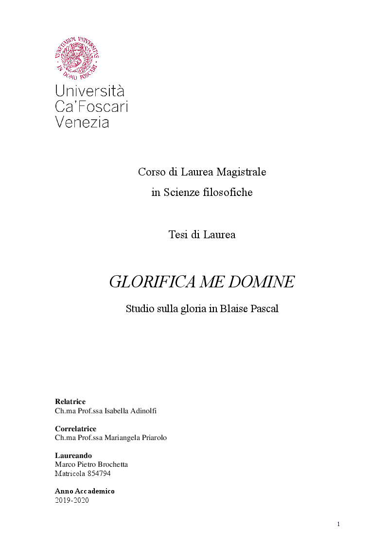 Anteprima della tesi: Glorifica me Domine. Studio sulla gloria in Blaise Pascal, Pagina 1