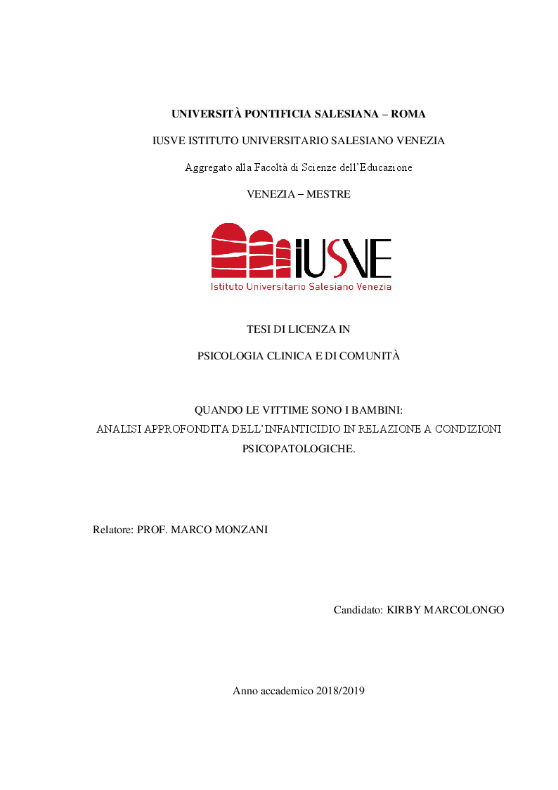 Anteprima della tesi: Quando le vittime sono i bambini. Analisi approfondita dell’infanticidio in relazione a condizioni psicopatologiche, Pagina 1