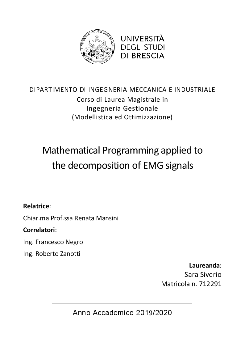 Anteprima della tesi: Mathematical programming applied to the decomposition of EMG signals, Pagina 1