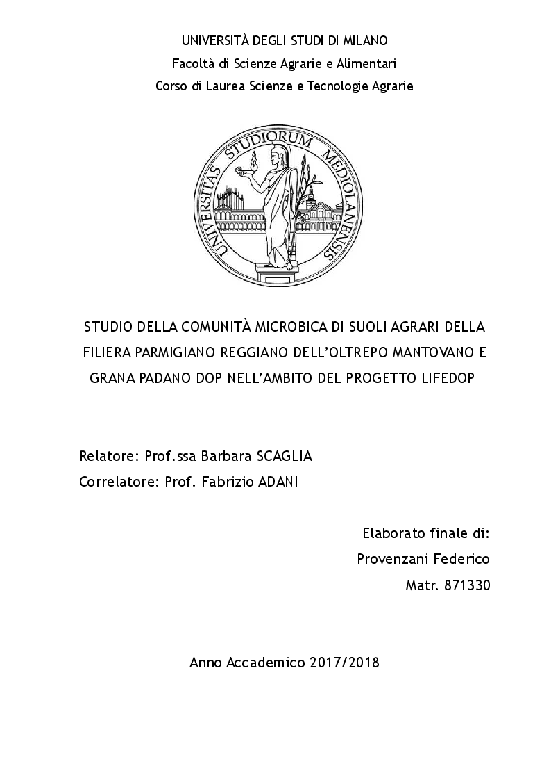 Anteprima della tesi: Studio della comunità microbica di suoli agrari della filiera Parmigiano Reggiano dell'oltrepò mantovano e Grana Padano DOP nell'ambito del progetto LIFEDOP, Pagina 1