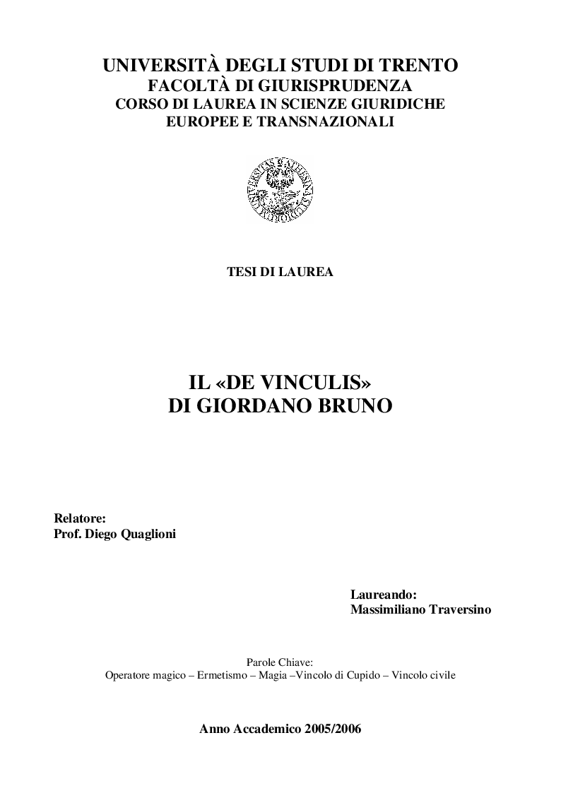 Anteprima della tesi: Il De Vinculis di Giordano Bruno, Pagina 1