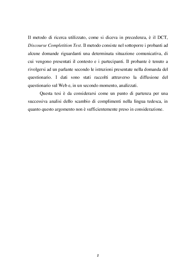 Anteprima della tesi: Il complimento come atto linguistico. Analisi empirica di esempi tedeschi attraverso il metodo DCT, Pagina 3