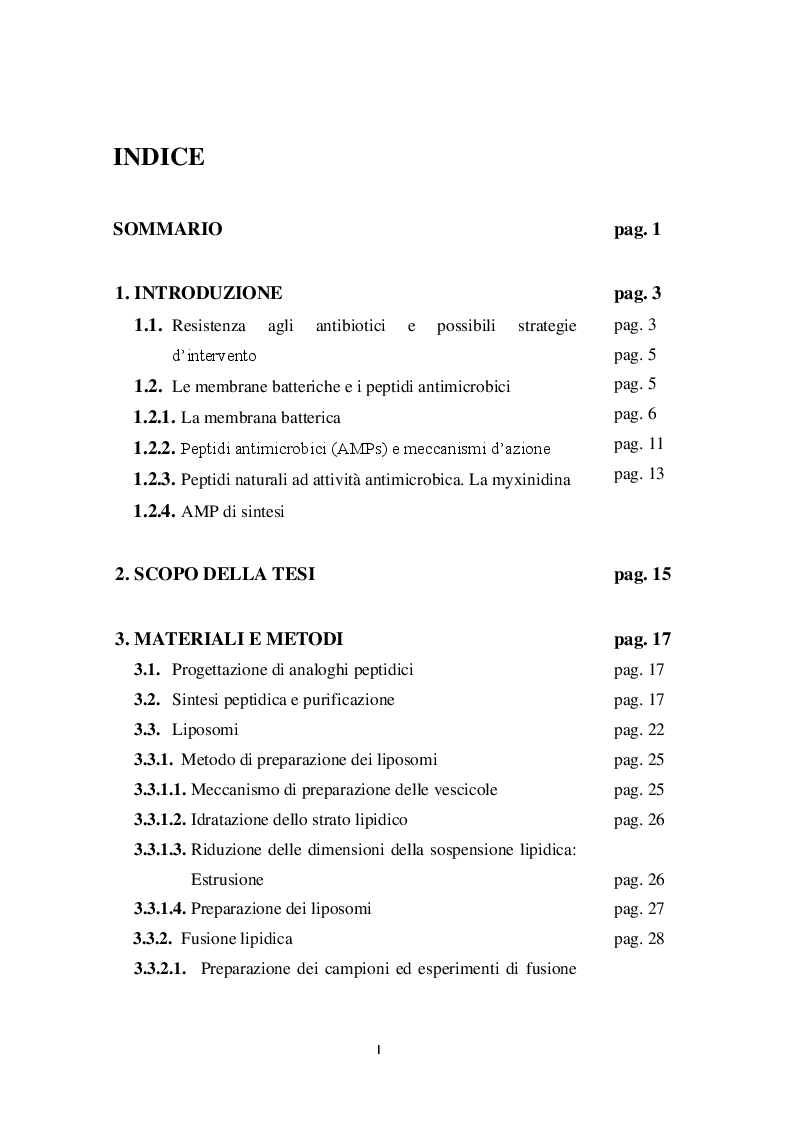 Indice della tesi: Interazione della myxinidina e del suo mutante WMR con doppi strati lipidici simulanti le membrane cellulari di P. aeruginosa ed E. coli, Pagina 1