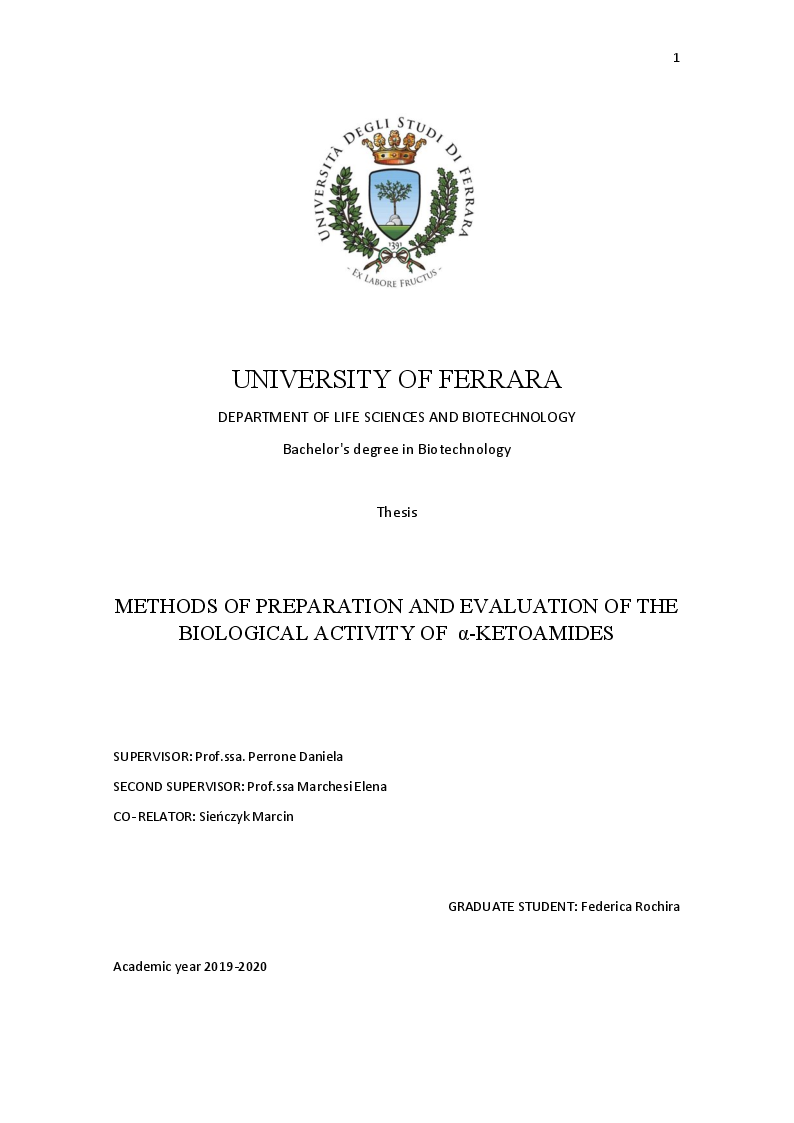 Anteprima della tesi: Methods of Preparation and Evaluation of the Biological Activity of α-Ketoamides, Pagina 1