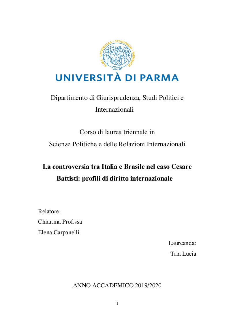 Anteprima della tesi: La controversia tra Italia e Brasile nel caso Cesare Battisti: profili di diritto internazionale, Pagina 1