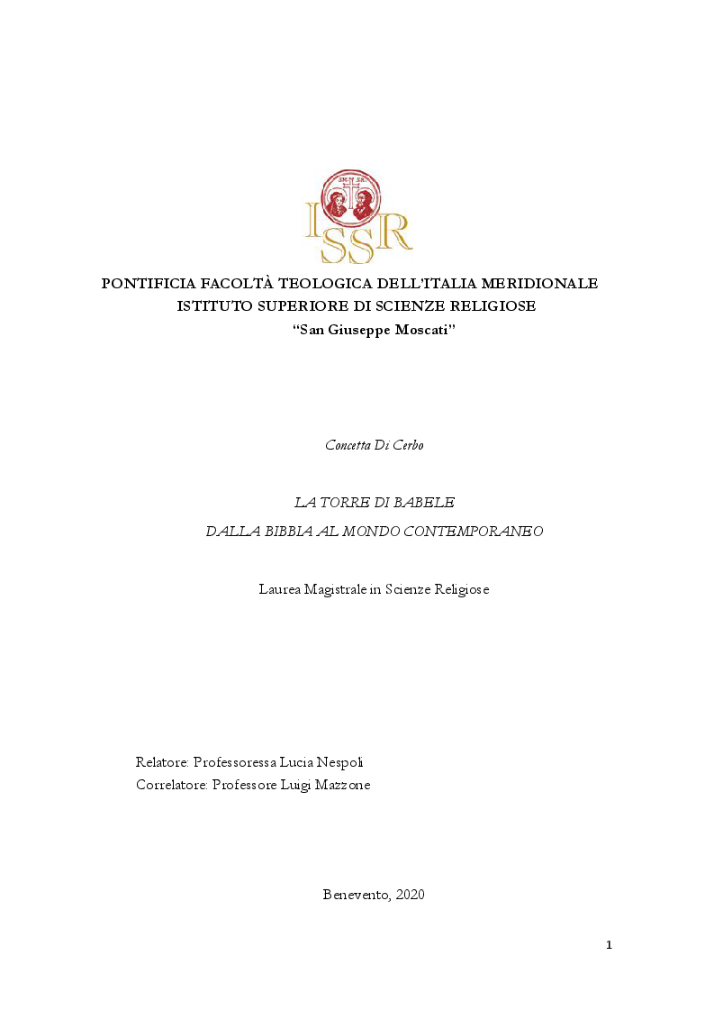 Anteprima della tesi: La Torre di Babele, dalla Bibbia al mondo contemporaneo, Pagina 1