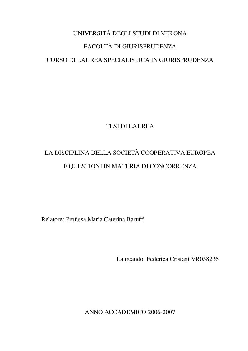 Anteprima della tesi: La disciplina della società cooperativa europea e questioni in materia di concorrenza, Pagina 1