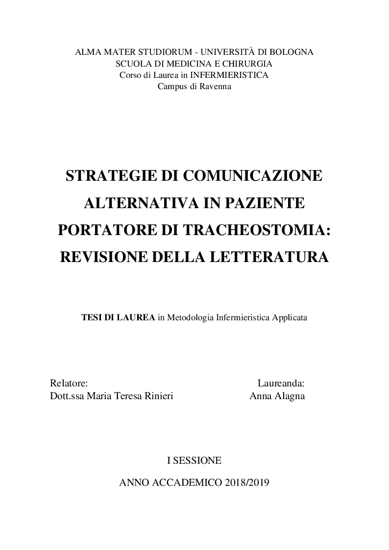Anteprima della tesi: Strategie di comunicazione alternativa in paziente portatore di tracheostomia: revisione della letteratura, Pagina 1