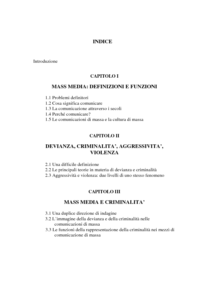Indice della tesi: Mass media e criminalità, Pagina 1