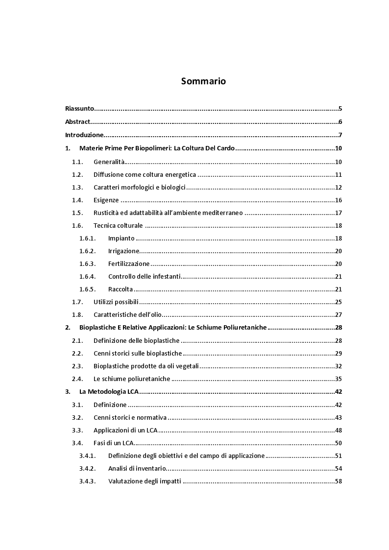 Indice della tesi: Valutazione ambientale del processo produttivo di schiuma poliuretanica da olio di semi di cardo in Umbria (Italia): uno studio LCA, Pagina 1